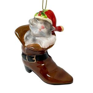 Santa Boot Ceramic Hanging Ornament Christmas Decor 3 inch Brown Kitten Kitty